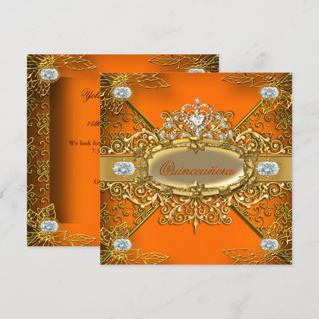 Elite Quinceanera Orange Guld Damask 15 Party Inbjudningar (Fram/baksida)