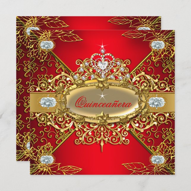 Elite Quinceanera Regal Red Guld Damask 15 Party Inbjudningar (Fram/baksida)