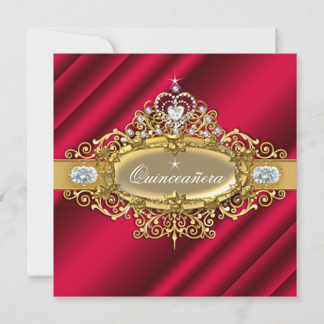 Elite Quinceanera Rik Red Guld Damask 15 Party Inbjudningar (Framsida)