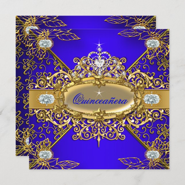 Elite Quinceanera Royal Blue Guld Damask 15:e 2 Inbjudningar (Fram/baksida)