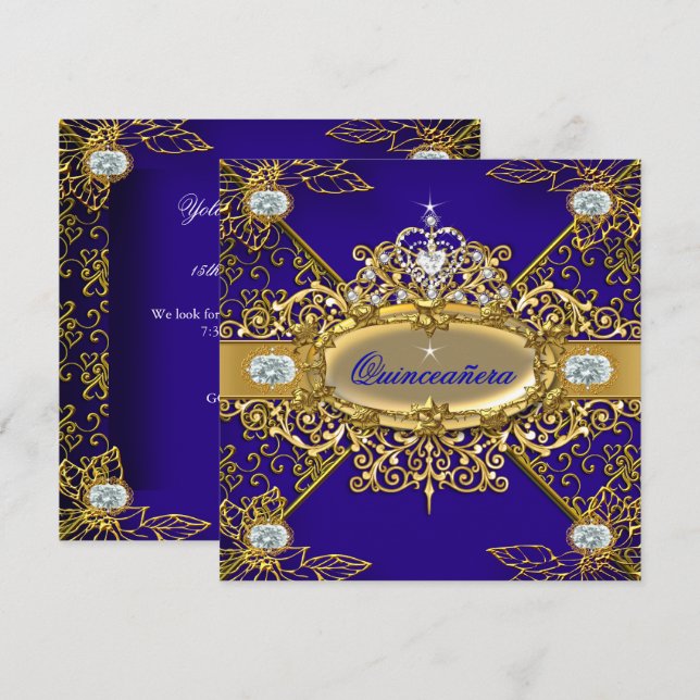 Elite Quinceanera Royal Blue Guld Damask 15:e Inbjudningar (Fram/baksida)