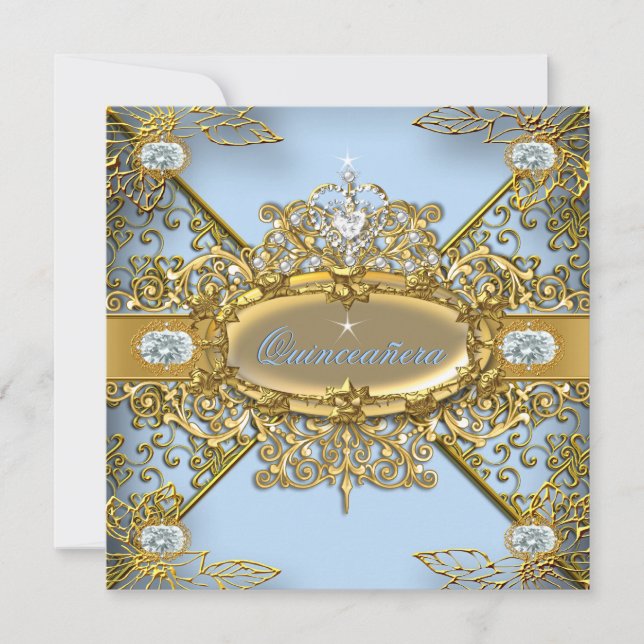 Elite Quinceanera Soft Blue Guld Damask 15:e Inbjudningar (Framsida)