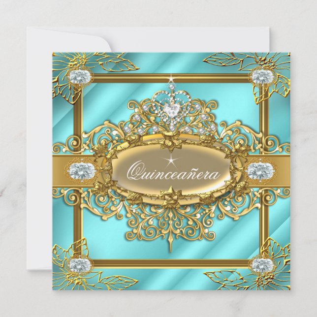 Elite Quinceanera Teal blue Guld Damask 15:e Inbjudningar (Framsida)