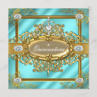 Elite Quinceanera Teal blue Guld Damask 15:e Inbjudningar