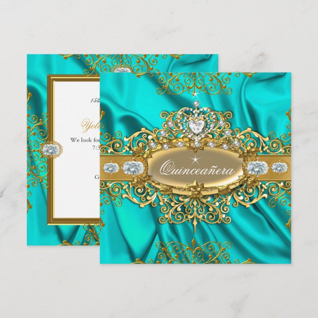 Elite Quinceañera Teal Silke Silver Guld Festlig E Inbjudningar (Fram/baksida)