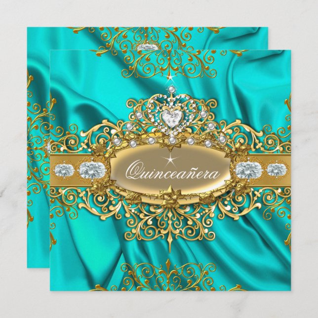 Elite Quinceanera Teal Silke Silver Guld Party Inbjudningar (Fram/baksida)