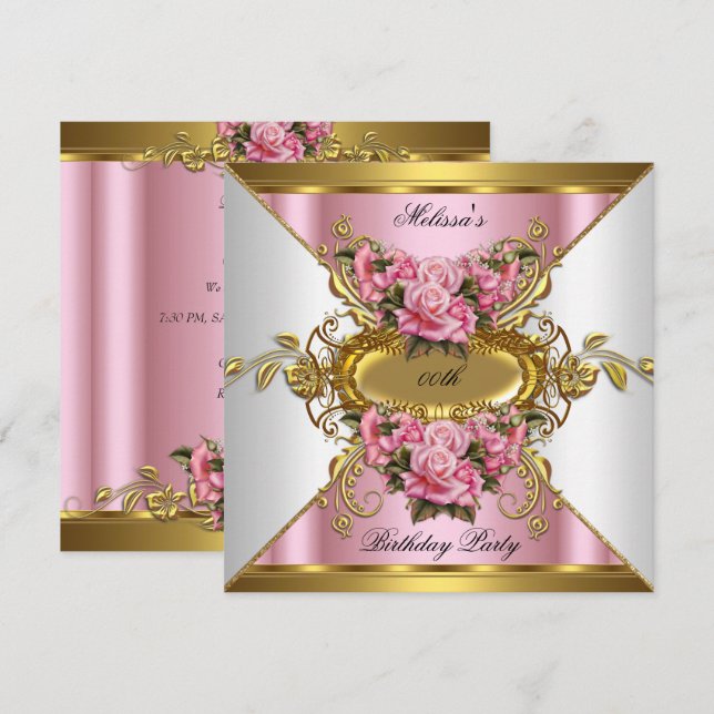 Elite Rosa ros White Guld Födelsedagsfest Inbjudningar (Fram/baksida)
