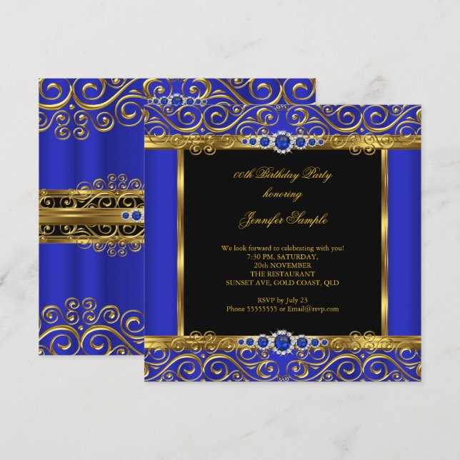 Elite Royal Blue Guld Damask Pearl Birthday 2 Inbjudningar (Fram/baksida)