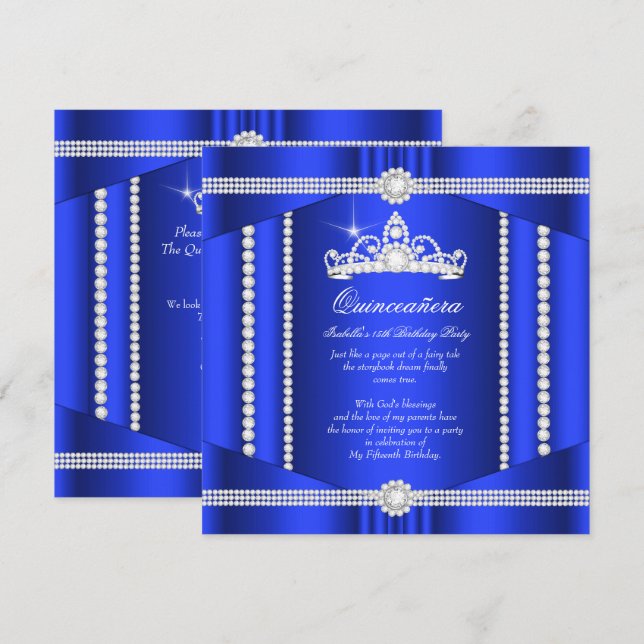 Elite Royal Blue Princess Quinceanera Diamond Inbjudningar (Fram/baksida)