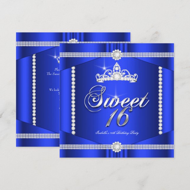 Elite Royal Blue Princess Sweet 16 Party Diamond Inbjudningar (Fram/baksida)