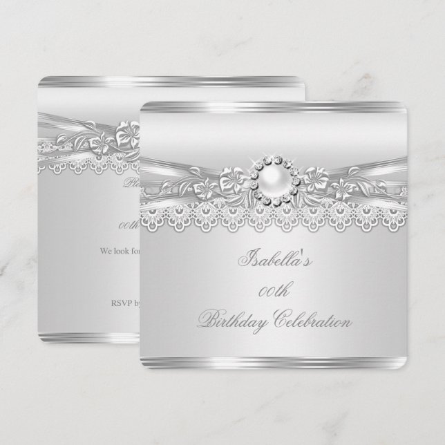 Elite Silver White Pearl Snöre Blommigt Birthday Inbjudningar (Fram/baksida)