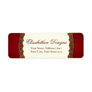 Elizabeth abethan Tudor Damask Jewel Ruby Red Returadress Etikett