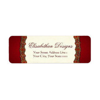 Elizabeth abethan Tudor Damask Jewel Ruby Red Returadress Etikett