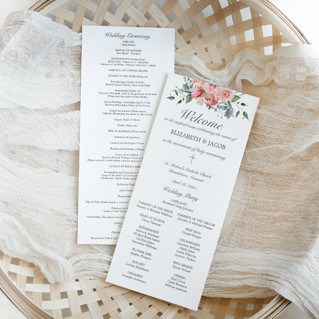 Elizabeth Catholiskt Bröllopsprogram med Mass (ELizabeth, classic, elegant Catholic wedding program with full mass with pink watercolor flowers)