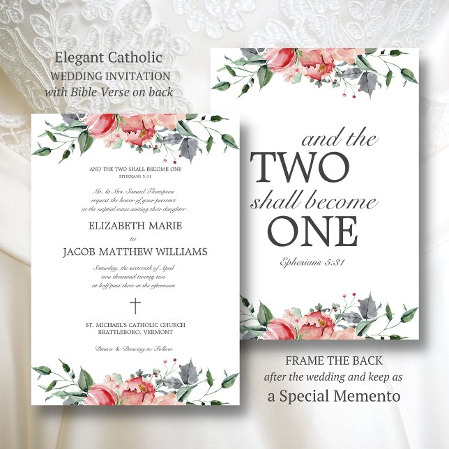 Elizabeth Elegant Rosa Flowers Catholique Bröllop Inbjudningar (Elegant, pink, floral Catholic wedding invitation with Bible verse on back)