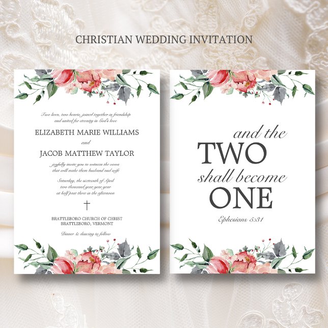 Elizabeth Elegant Rosa Flowers Christian Bröllop Inbjudningar (Christian wedding invitation with Bible verse on back.)
