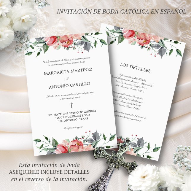 Elizabeth Invacion de Boda Catolica Bröllop Inbjudningar (Elegante invitación de boda en español con flores rosas de acuarela)