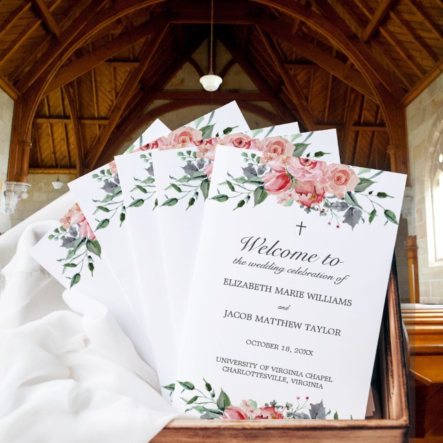 Elizabeth kristet bröllopsceremoni-program (Pink, floral, Christian wedding program. Includes complete wording for a Christian ceremony.)