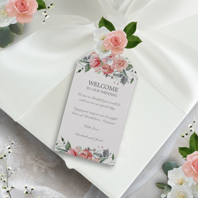 Elizabeth Rosa Blommigt Hotel Guests Bröllop Välko Presentetikett (Pink floral gift tag with vintage calligraphy script for an elegant, classic look)