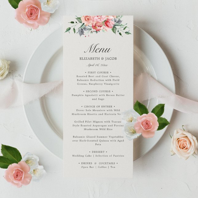 Elizabeth Rosa Blommigt Script Bröllop Menu Meny (This elegant, floral wedding menu features pink roses and is perfect for a classic garden reception)