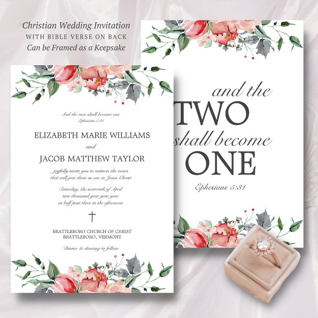 Elizabeth Two ska bli en kristen Bröllop Inbjudningar (Pink, floral, Christian wedding invitation with Bible verse on back.)