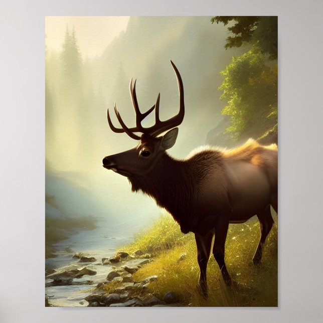 Elk by a Forest Stream Digital Art Print Poster (Framsidan)