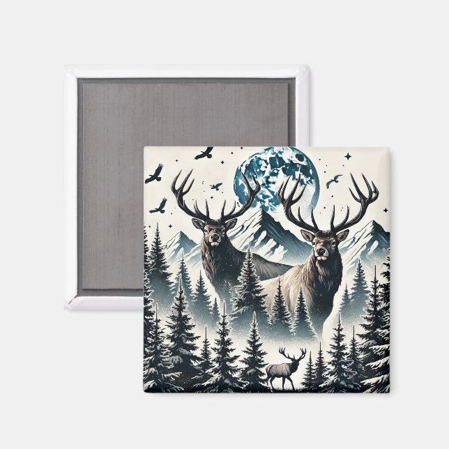 Elk i en mystisk skog under ett månbelyst berg magnet (Front/Back)