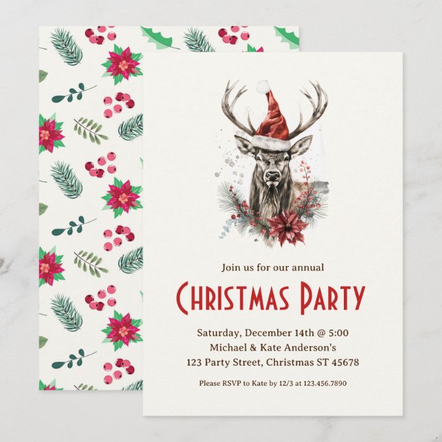 Elk i Santa Hat Wildlife Hjort jul Party Inbjudningar (Fram/baksida)