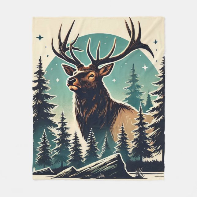 Elk i Stylized Forest med Starry Night Himmel Fleecefilt (Framsidan)