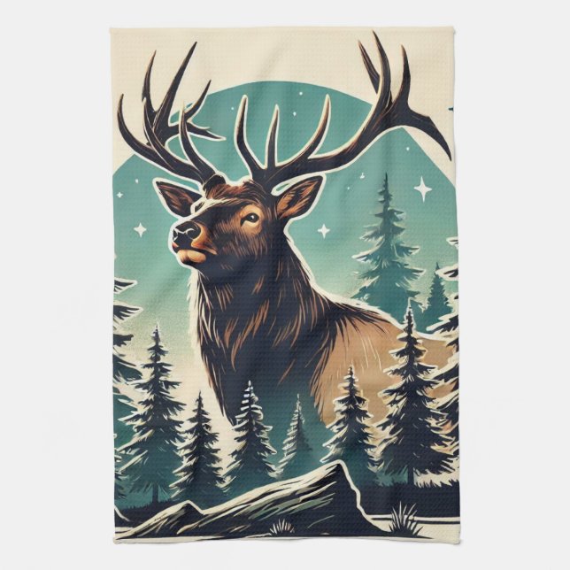 Elk i Stylized Forest med Starry Night Himmel Kökshandduk (Vertikal)