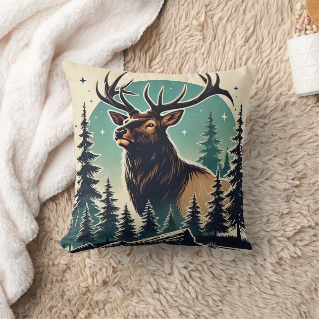 Elk i Stylized Forest med Starry Night Himmel Kudde (Filt)