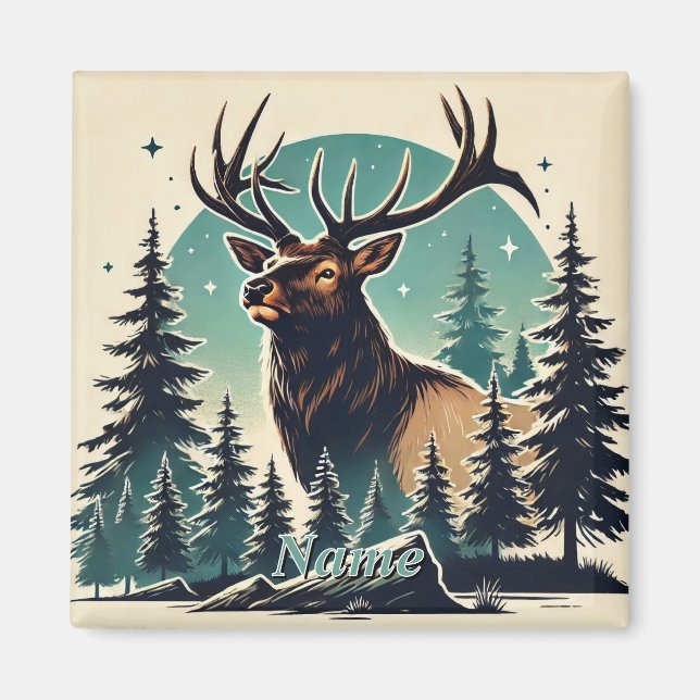 Elk i Stylized Forest med Starry Night Himmel Magnet (Framsidan)