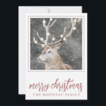 Elk in Winter Snö Helgdag Card Julkort<br><div class="desc">En seren och älg på vintern snö med åkande träd ljus i antlers,  med gräs och löv med gräns. Modern ro klämmer god jul.</div>