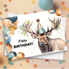 Elk med Balloons och Party Hat Wildlife Birthday Kort
