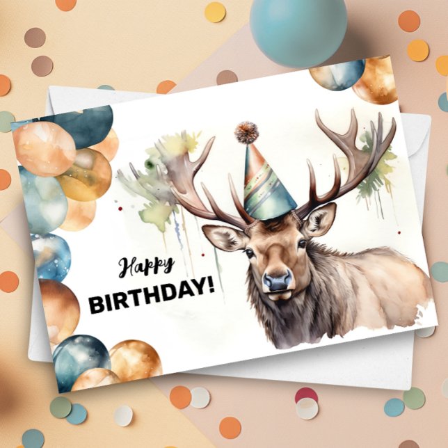 Elk med Balloons och Party Hat Wildlife Birthday Kort (Skapare uppladdad)