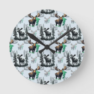 Elk Moose Antlers Hjort Mönster Design Rund Klocka