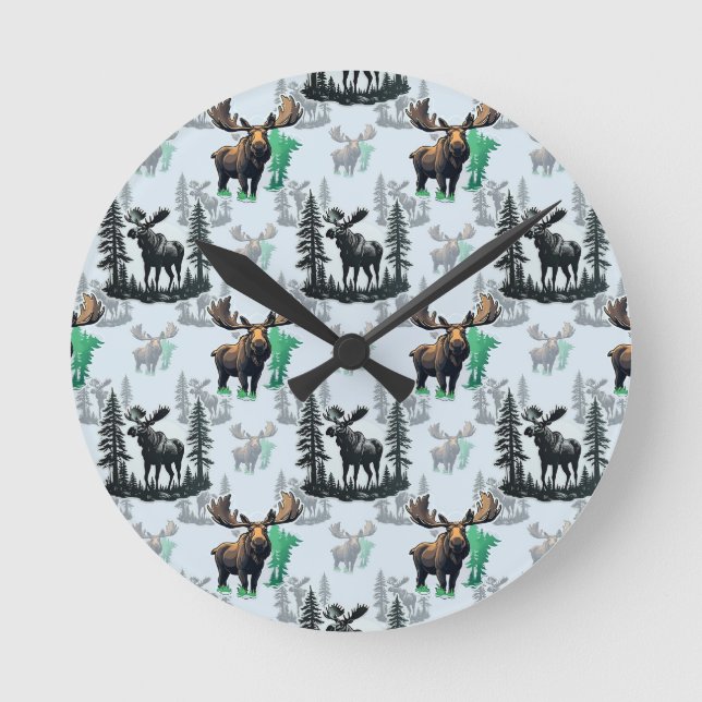 Elk Moose Antlers Hjort Mönster Design Rund Klocka (Framsida)