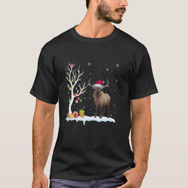 Elk Santa Hat Festive Träd Light jul Pajama T Shirt (Framsida)