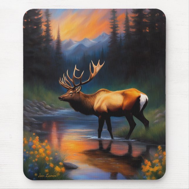 Elk vid Mountain Stream BeSnyval Painting Musmatta (Framsidan)