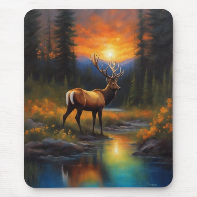 Elk vid Rocky Mountain Stream - vacker målning Musmatta (Framsidan)