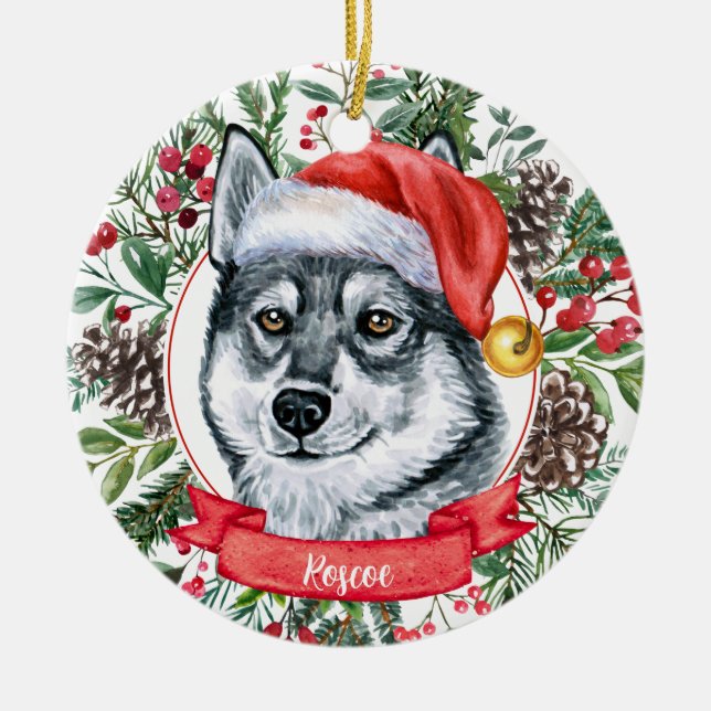Elkhound Hund Anpassningsbar Santa Hat jul Ornamen Julgransprydnad Keramik (Framsidan)