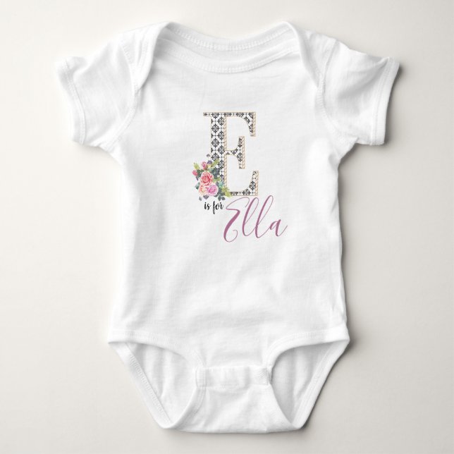 Ella Namn Baby Outfit Brev E Romper Blommigt Girl T Shirt (Framsida)