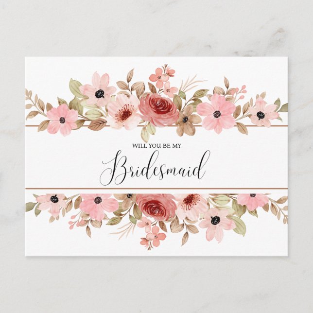 ELLE Rosa Flower Elegant Bridesmaid Card Vykort (Framsida)