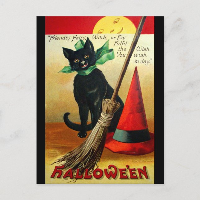 Ellen H. Clapsaddle: Black Cat, Broom and Hat Vykort (Framsida)