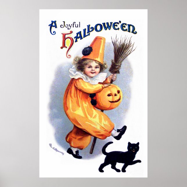 Ellen H. Clapsaddle: Halloween Harlequin med katt Poster (Framsidan)