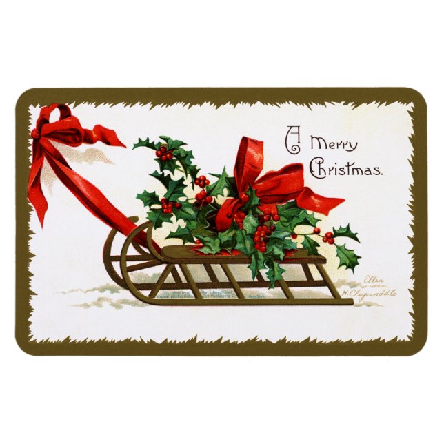 Ellen H. Clapsaddle: Sledge with Holly Magnet (Horisontell)