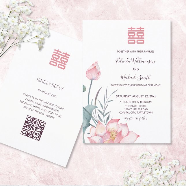 ELLER-kod | Lotus Flower Chinese Wedding Investiga Inbjudningar (Skapare uppladdad)