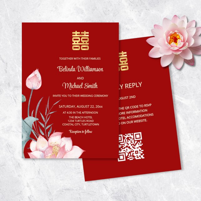ELLER-kod | Lotus Flower Chinese Wedding Investiga Inbjudningar (Skapare uppladdad)