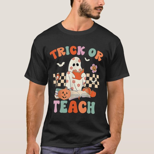 Eller Teach Groovy Teacher Halloween Retro Blommig T Shirt (Framsida)