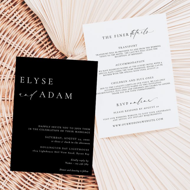 Ellesmere Black Minimalist Wedding-inbjudan Inbjudningar (Ellesmere Black Wedding All In One Invitation)